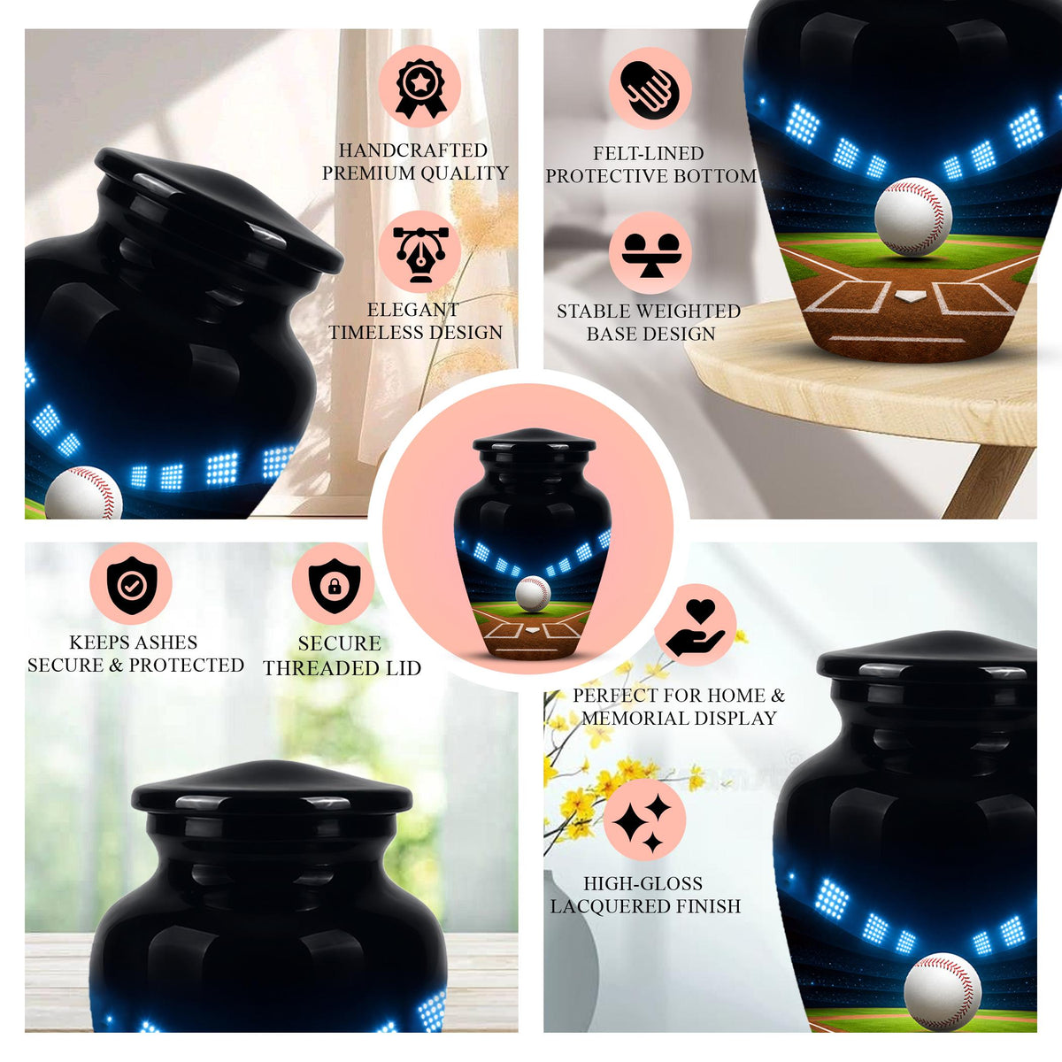 Baseball Cremation Urn for Ashes - Baseball Memorial Urn with Ball and Stadium Lights