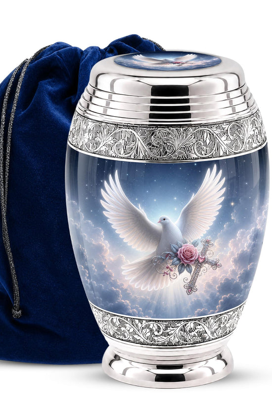 Personalized Christian Cremation Urn - Dove with Wings, Rose, Cross (Silver Tone)