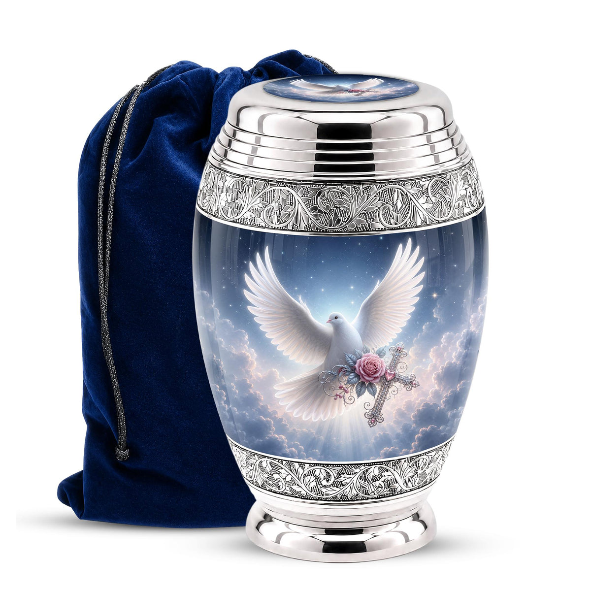 Personalized Christian Cremation Urn - Dove with Wings, Rose, Cross (Silver Tone)