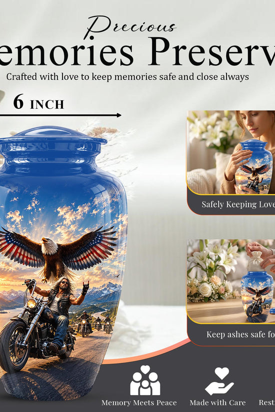 Motorcycle Eagle Cremation Urn for Ashes - Biker Memorial Urn, Blue Sky Sunset Motorcycle Tribute