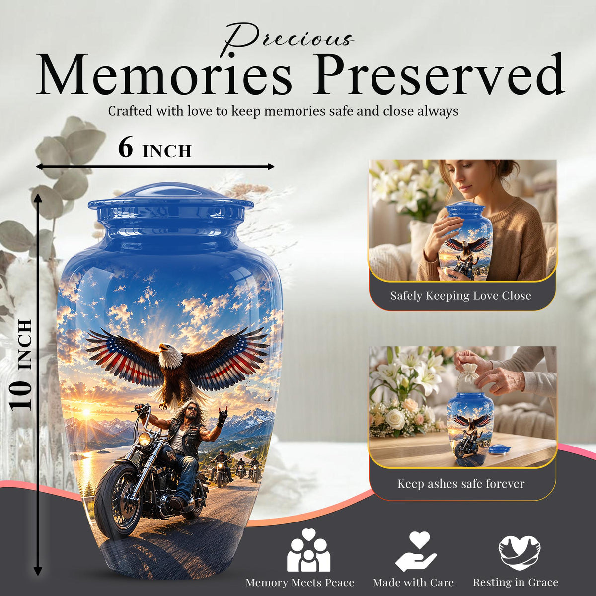 Motorcycle Eagle Cremation Urn for Ashes - Biker Memorial Urn, Blue Sky Sunset Motorcycle Tribute