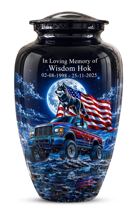 Personalized  Wolf Truck Cremation Urn, Patriotic American Flag Memorial Tribute