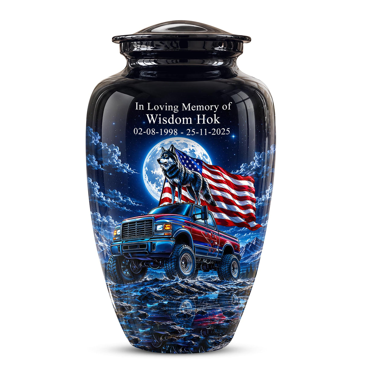 Personalized  Wolf Truck Cremation Urn, Patriotic American Flag Memorial Tribute