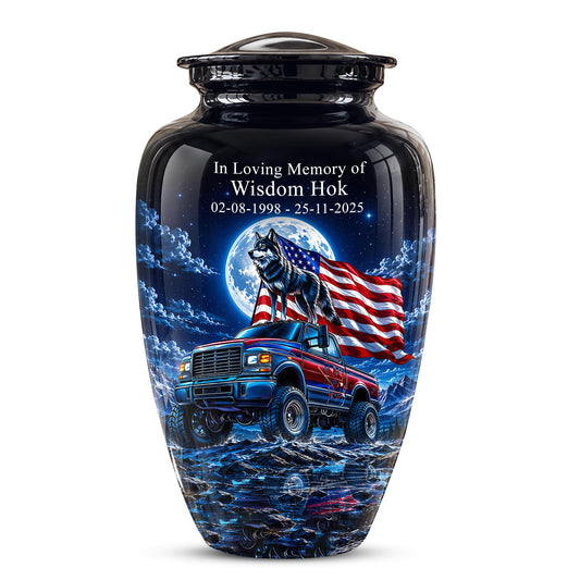 Personalized  Wolf Truck Cremation Urn, Patriotic American Flag Memorial Tribute
