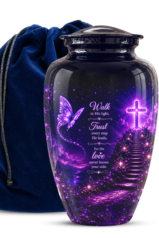 Purple Butterfly Cremation Urn for Ashes - Christian Memorial Urn with Glowing Cross