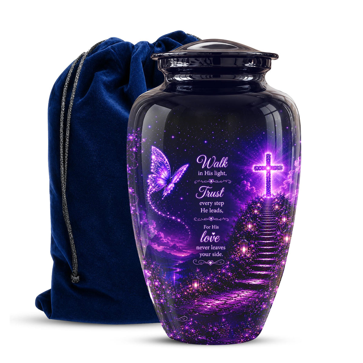 Purple Butterfly Cremation Urn for Ashes - Christian Memorial Urn with Glowing Cross
