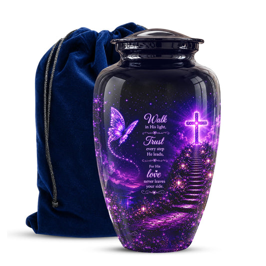 Purple Butterfly Cremation Urn for Ashes - Christian Memorial Urn with Glowing Cross