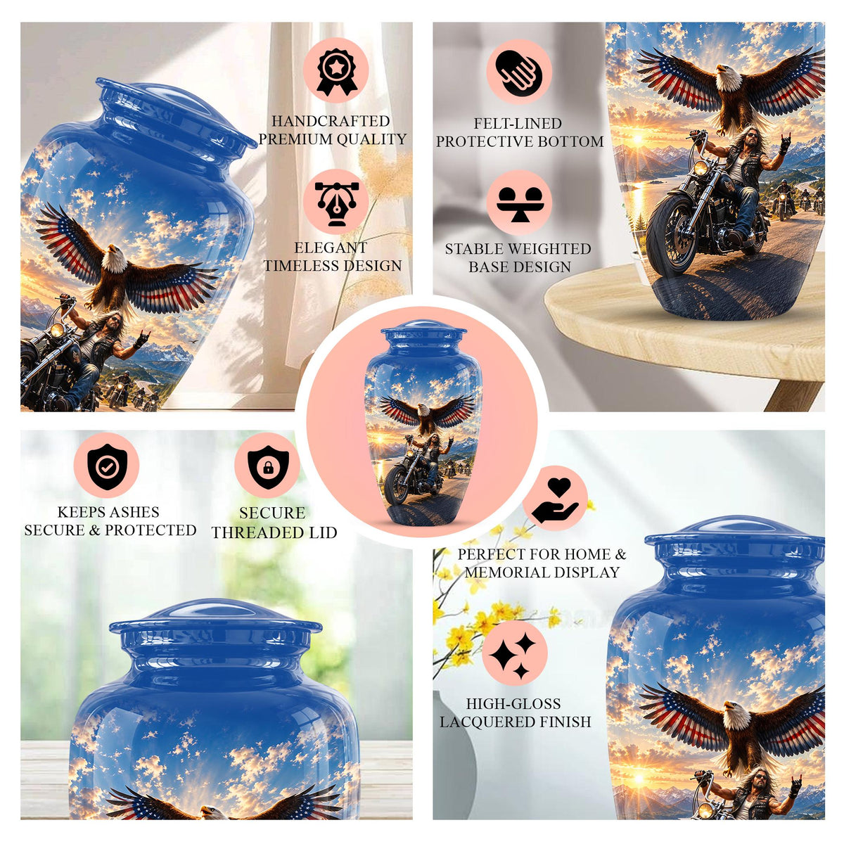 Motorcycle Eagle Cremation Urn for Ashes - Biker Memorial Urn, Blue Sky Sunset Motorcycle Tribute