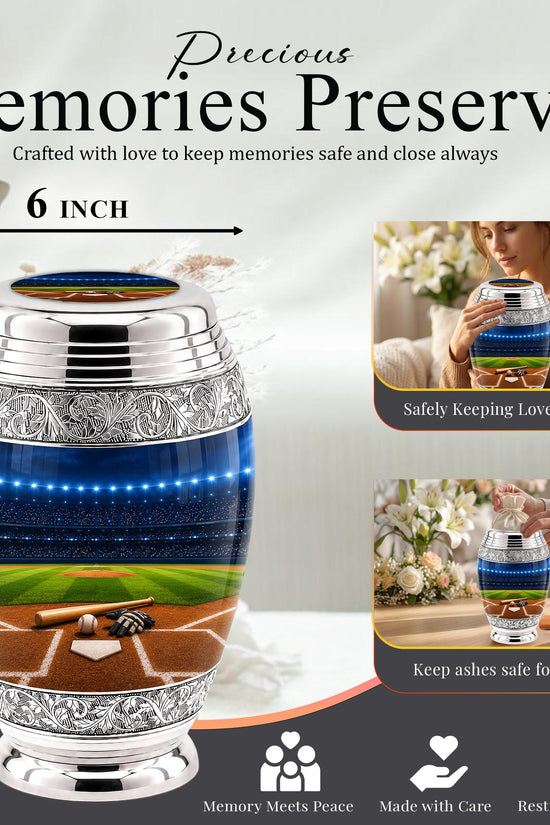 Baseball Cremation Urn for Ashes - Silver Baseball Glove and Bat Memorial Urn
