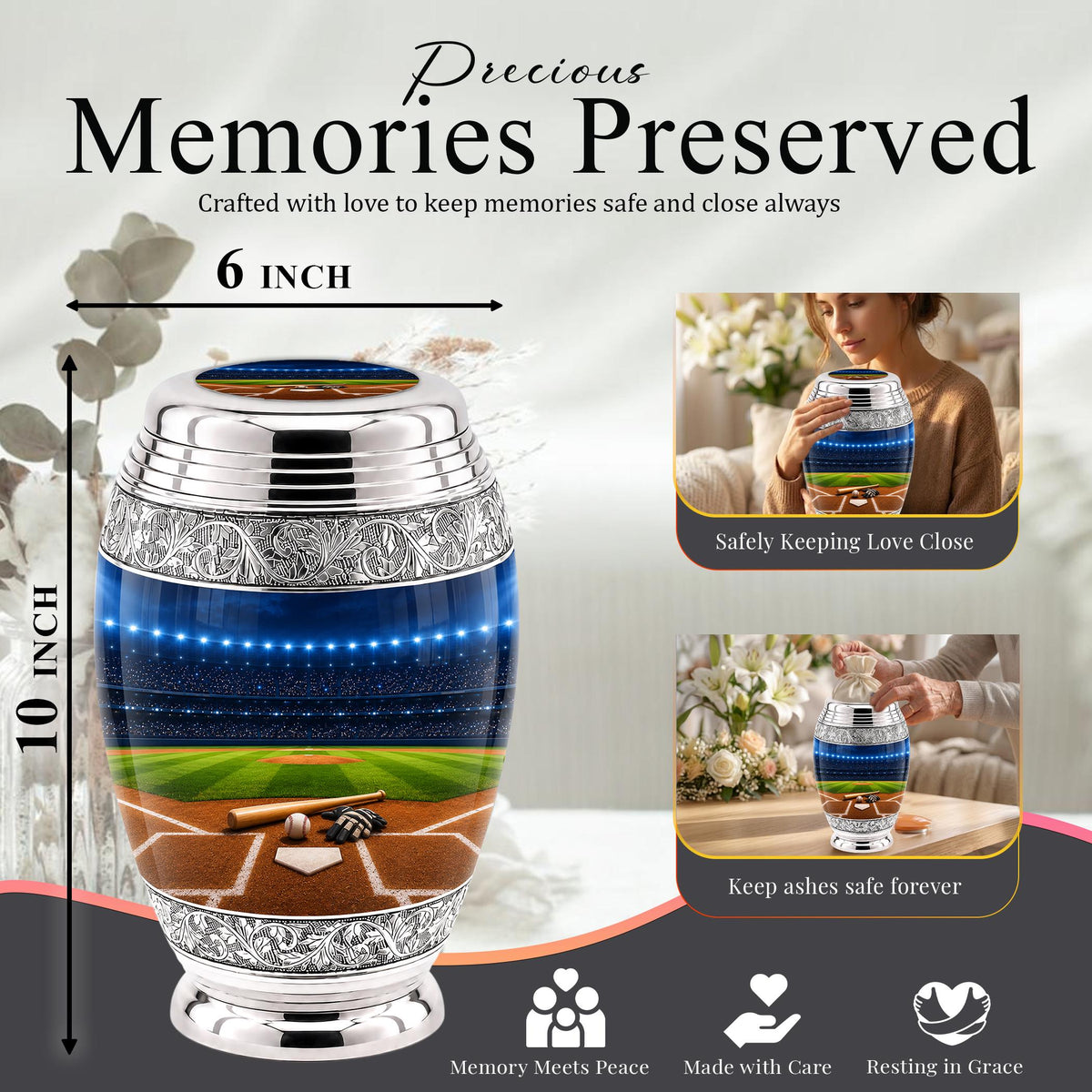 Baseball Cremation Urn for Ashes - Silver Baseball Glove and Bat Memorial Urn