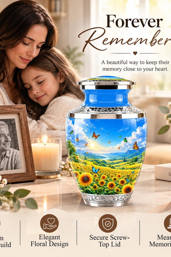 Sunflower Cremation Urn for Ashes - Silver Butterfly Memorial Urn