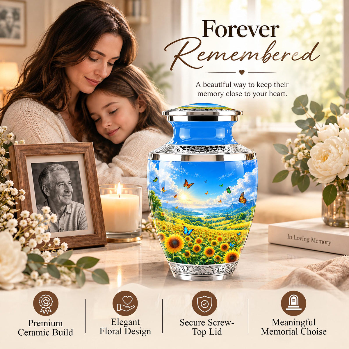 Sunflower Cremation Urn for Ashes - Silver Butterfly Memorial Urn