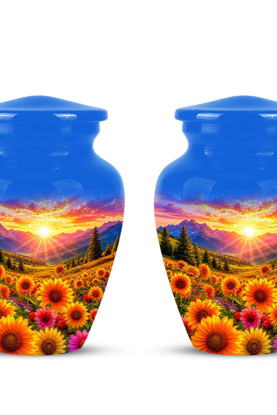 Personalized Sunflower Mountain Sunset Cremation Urn, Scenic Memorial Keepsake