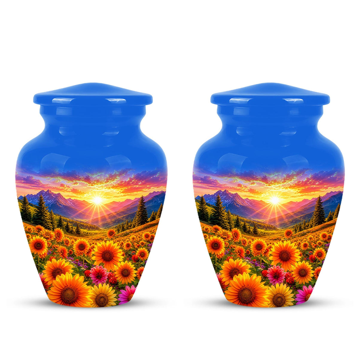 Personalized Sunflower Mountain Sunset Cremation Urn, Scenic Memorial Keepsake
