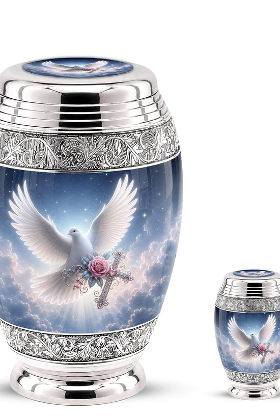 Personalized Christian Cremation Urn - Dove with Wings, Rose, Cross (Silver Tone)