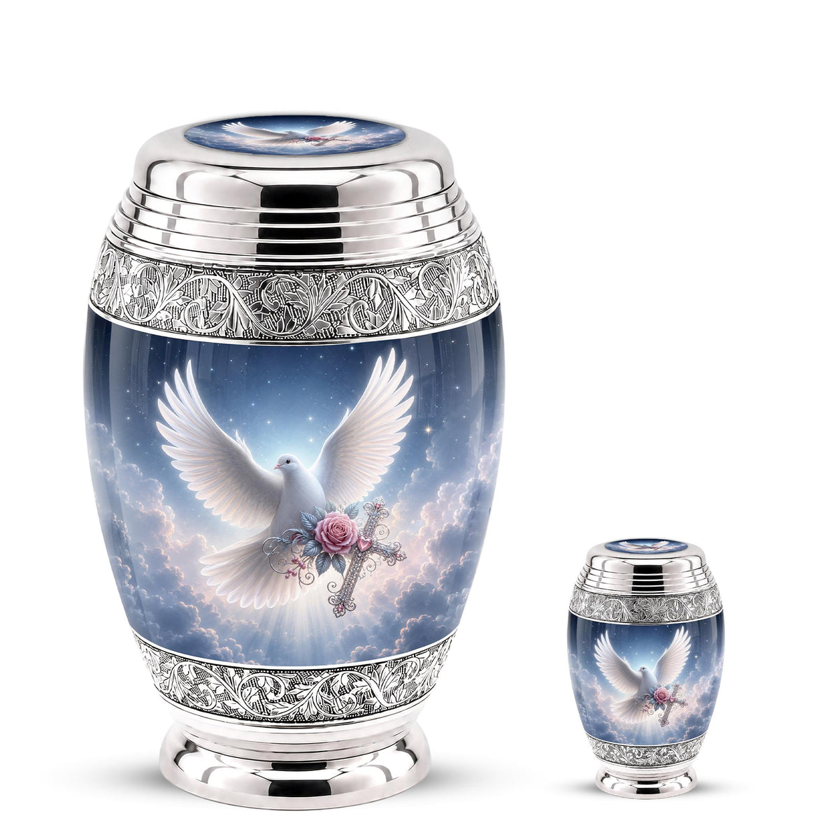 Personalized Christian Cremation Urn - Dove with Wings, Rose, Cross (Silver Tone)