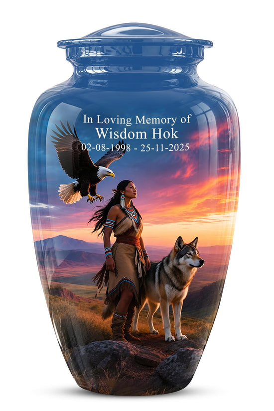 Personalized Native American Cremation Urn for Ashes - Eagle & Wolf Memorial Urn, Custom Human Ashes Urn, Spiritual Funeral Urn