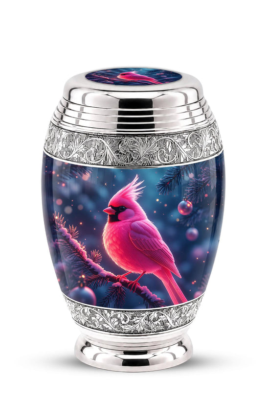 Personalized Pink Cardinal Cremation Urn, Silver-Tone Memorial Ashes Urn (Winter Scene)