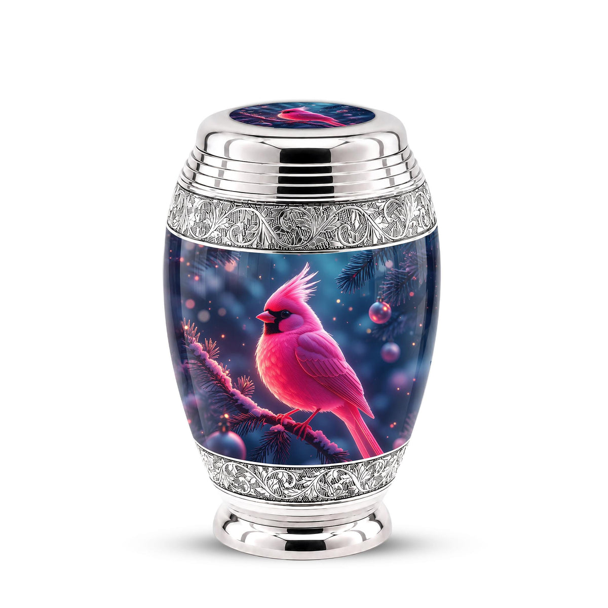 Personalized Pink Cardinal Cremation Urn, Silver-Tone Memorial Ashes Urn (Winter Scene)