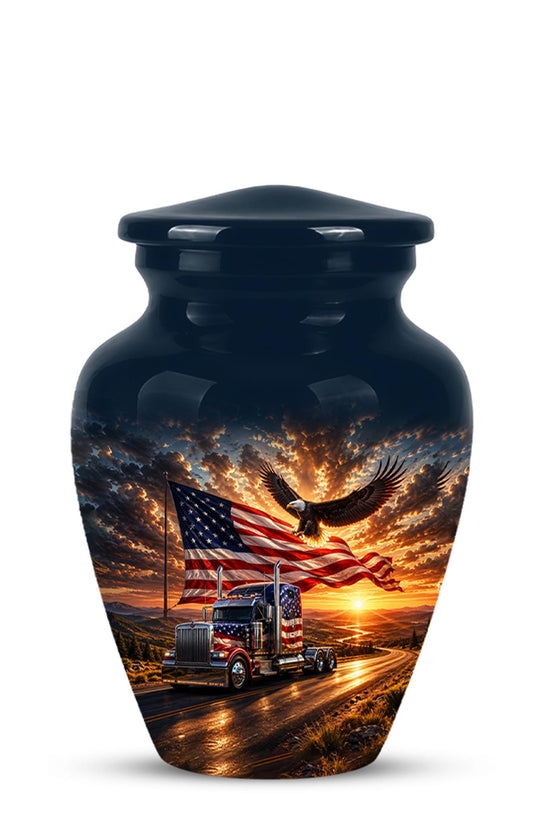 American Flag Truck Cremation Urn for Ashes - Semi Truck and Bald Eagle Memorial Urn