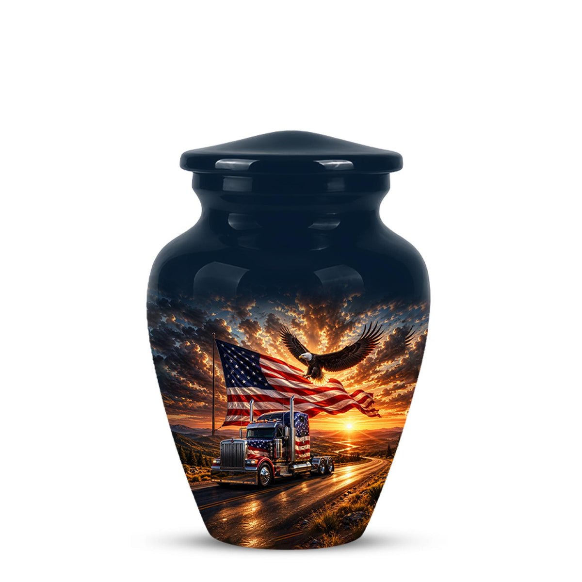 American Flag Truck Cremation Urn for Ashes - Semi Truck and Bald Eagle Memorial Urn