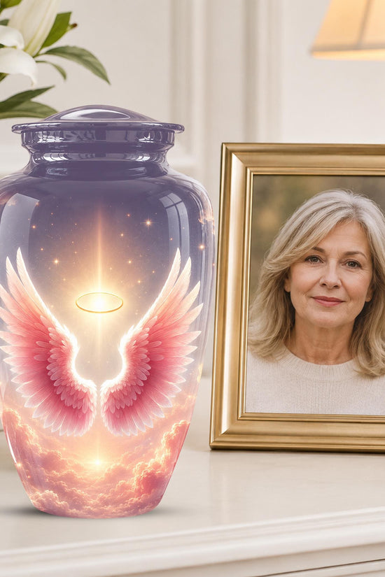Pink Angel Wings Memorial Urn - Personalized Heavenly Cremation Urn