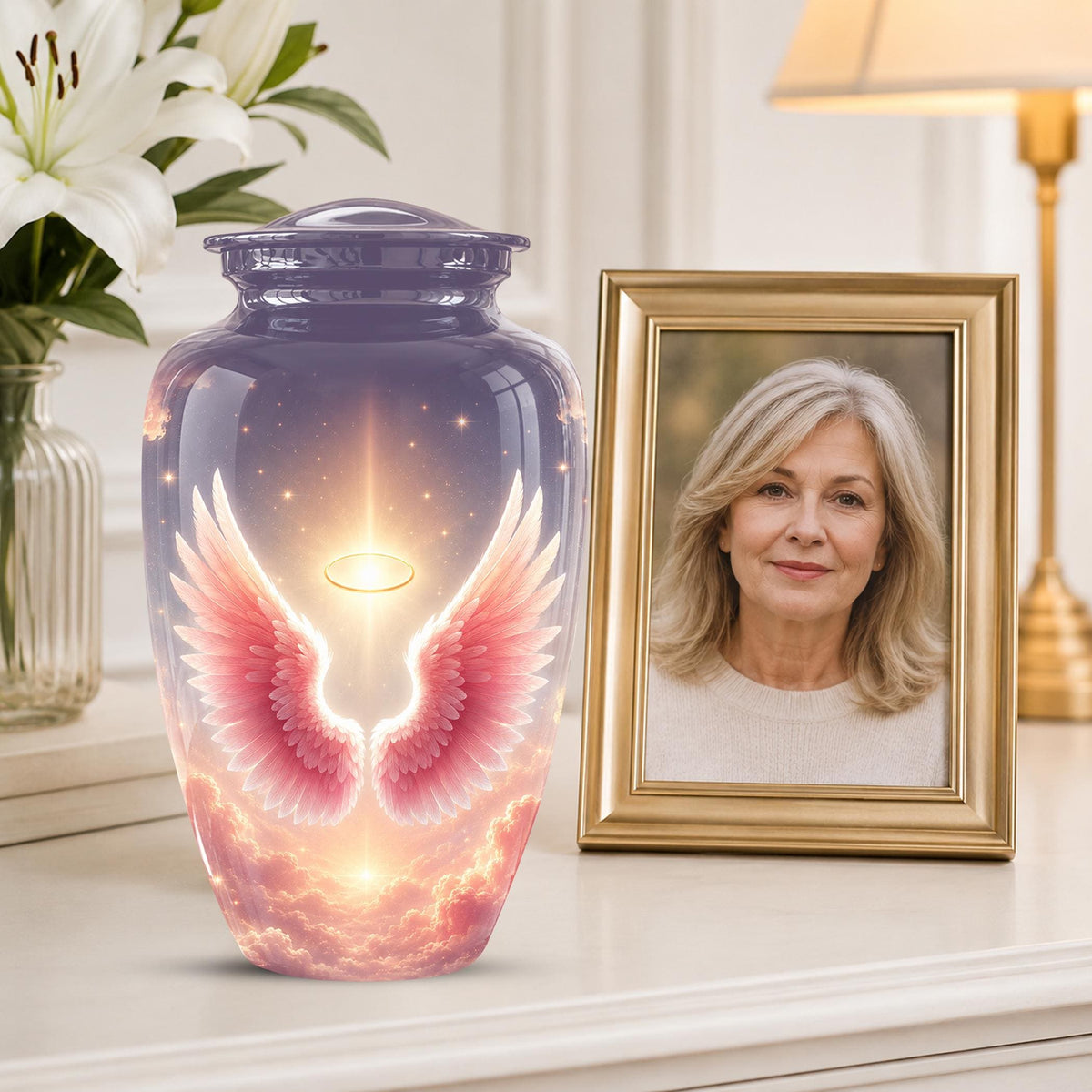 Pink Angel Wings Memorial Urn - Personalized Heavenly Cremation Urn