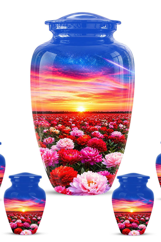 Personalized Floral Sunset Cremation Urn, Metal Memorial Keepsake