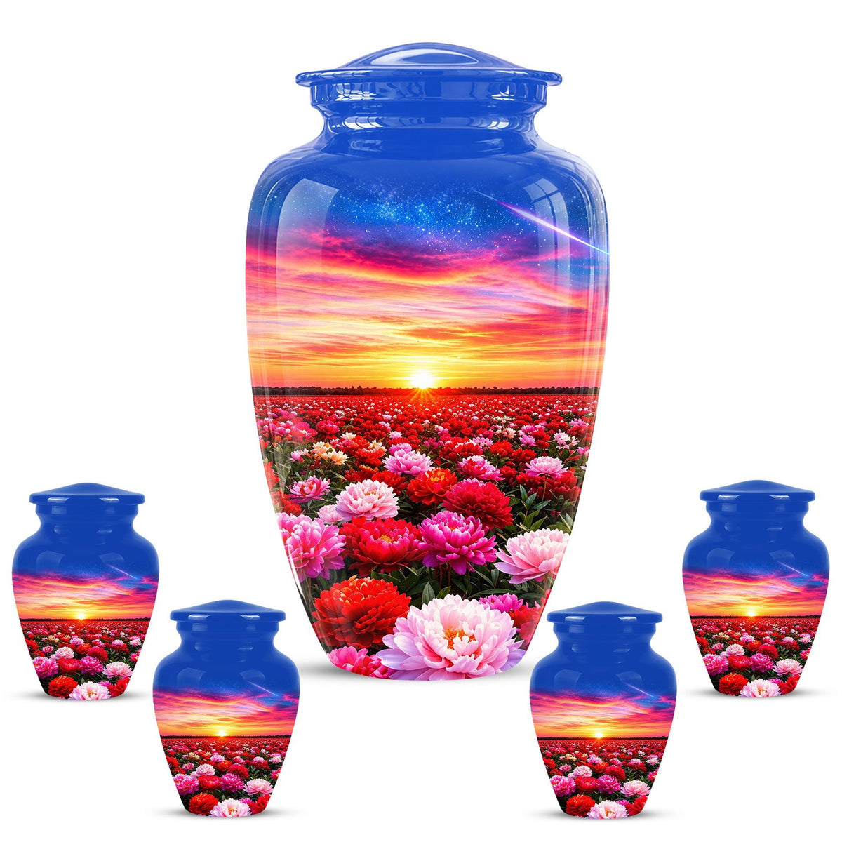 Personalized Floral Sunset Cremation Urn, Metal Memorial Keepsake