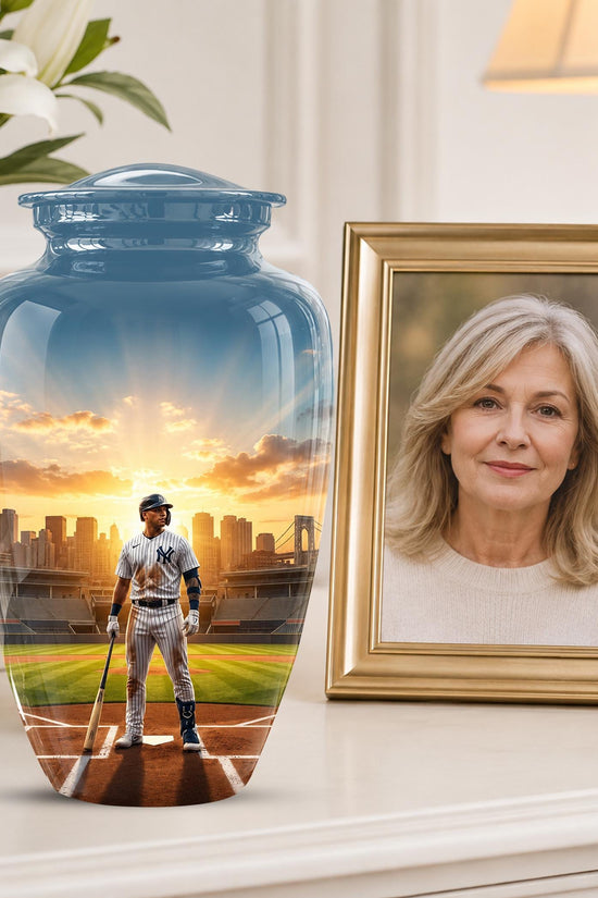 Baseball Player Cremation Urn for Ashes - City Skyline Sunset Memorial Urn