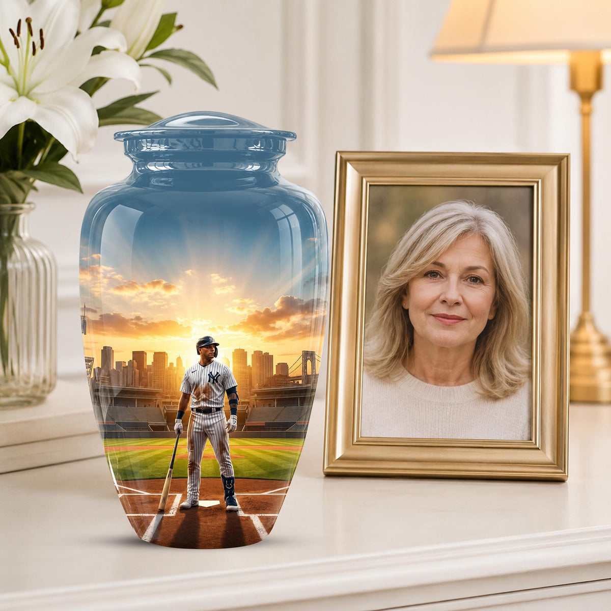 Baseball Player Cremation Urn for Ashes - City Skyline Sunset Memorial Urn