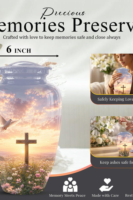 Personalized Christian Cross Urn | Dove, Sunrise, Wildflowers Memorial Keepsake
