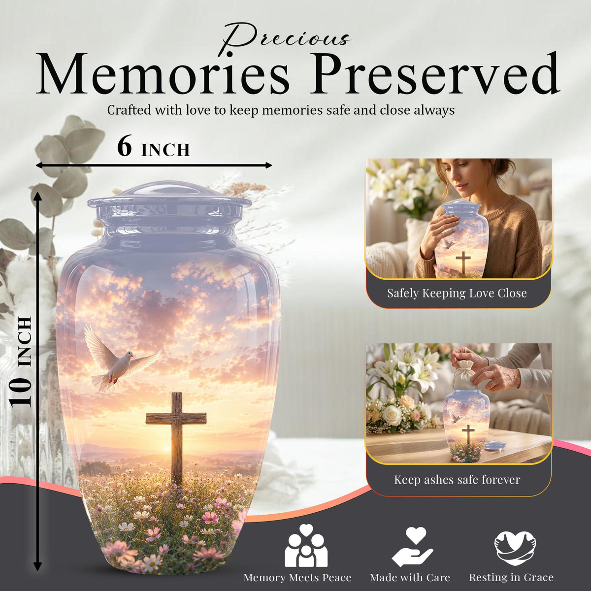 Personalized Christian Cross Urn | Dove, Sunrise, Wildflowers Memorial Keepsake